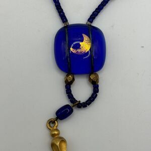 vintage blue moon gold beaded necklace signed “astral glass”